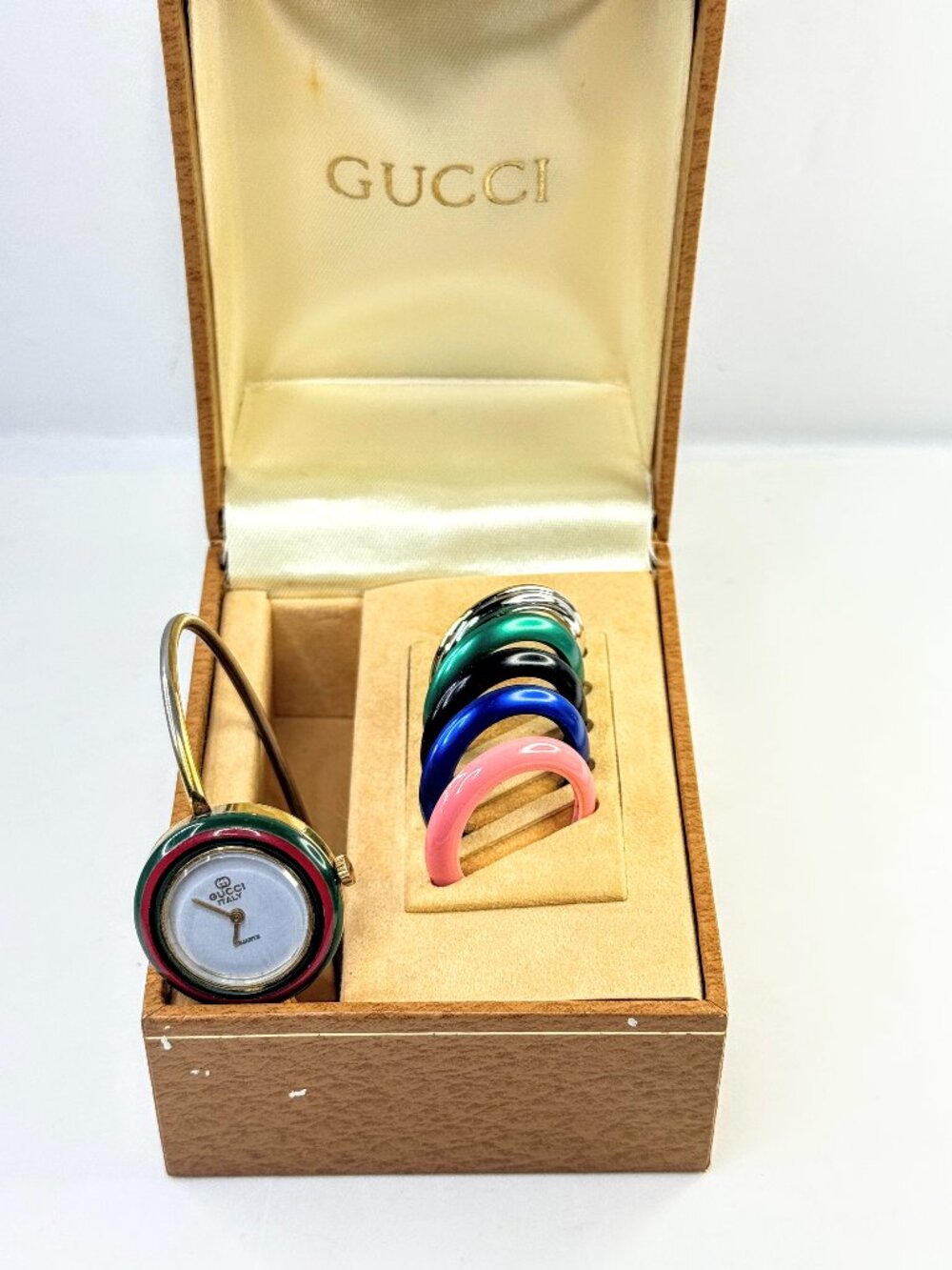 Vintage Gucci 1100-L Interchangeable Bezel Watch 6.5" Boxed Running SS348
